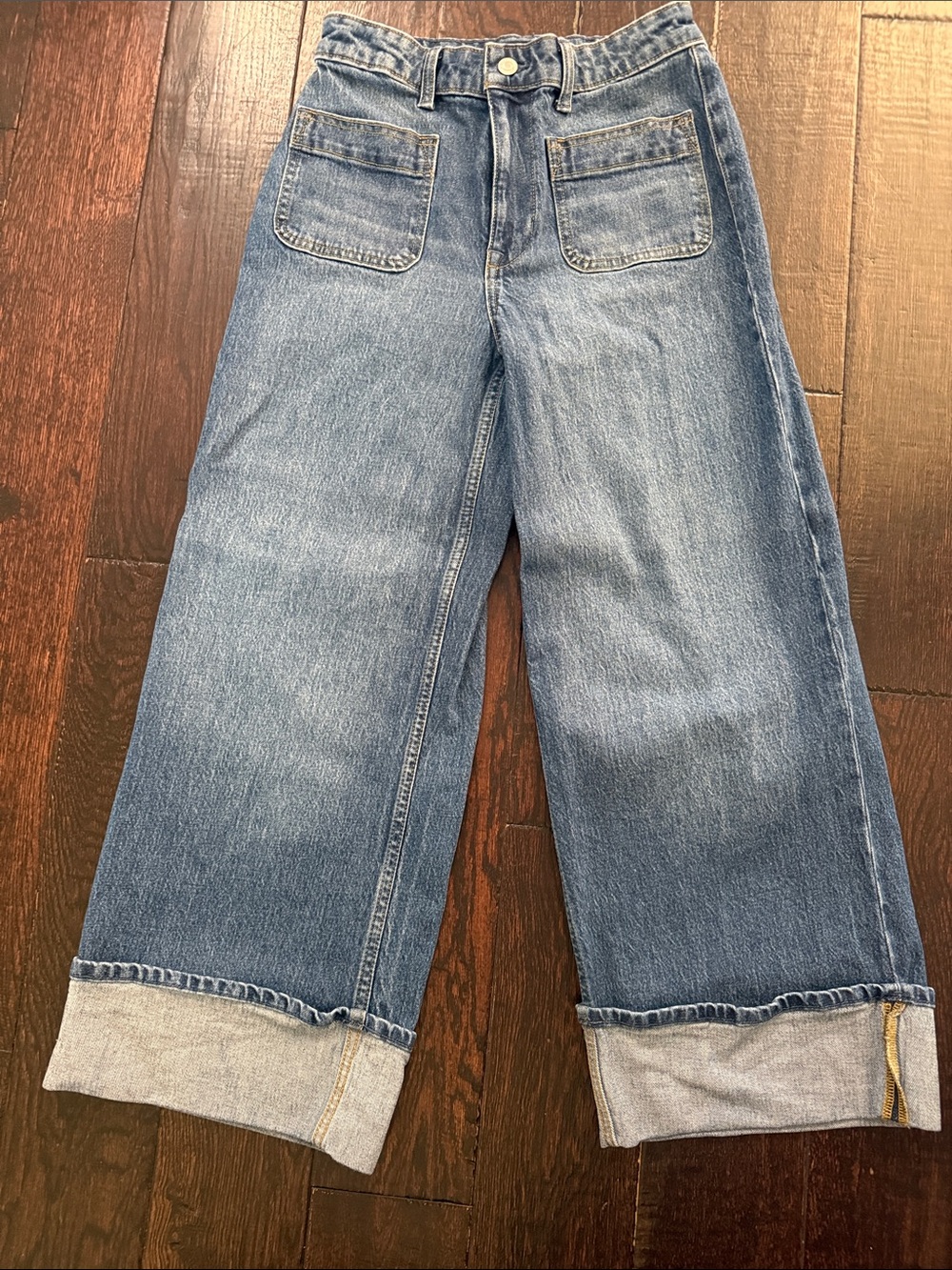 High-Rise Wide Leg Blue Denim Jeans with Cuffed Hem